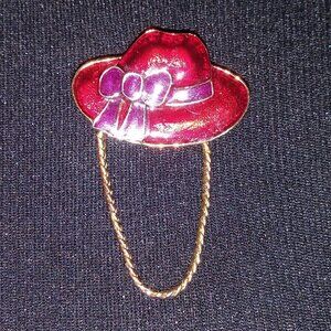 Red hat enamel pin brooch chained Red Hat society red gold purple beautiful
